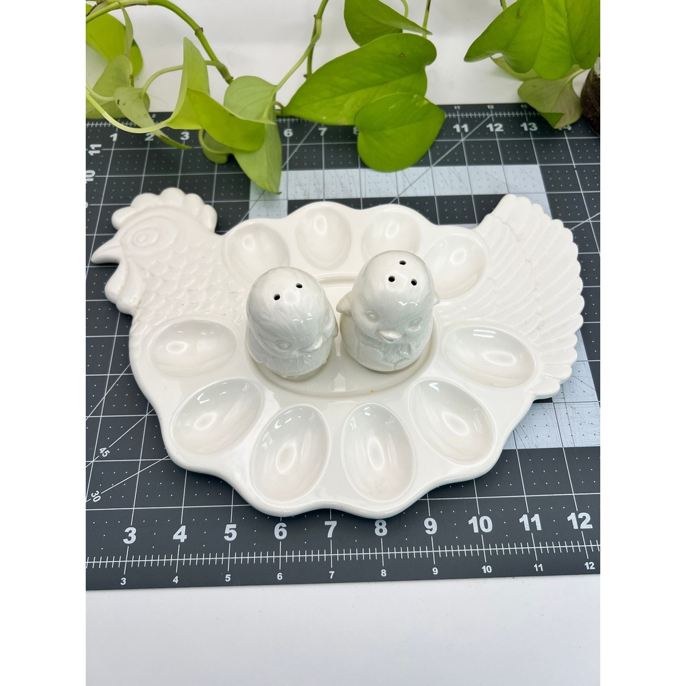 Vintage Ceramic Deviled Egg Platter White Glazed matching Salt &Pepper Shakers